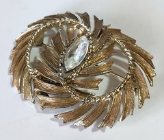 Lot of 3 Vintage Brushed Gold-tone White Rhinestone Brooches