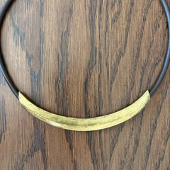 Vintage, Brass & Genuine Leather Collar Necklace, 17”(L) + 2” Extension