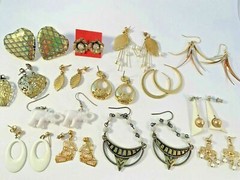 Earring Lot (14) Pairs Pierced Heart Elephant Hoops Gold Tone White Vintage
