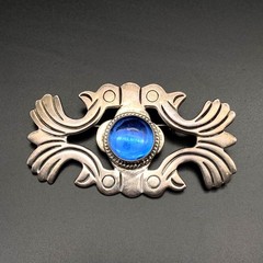 Vintage Mexico Icuala Blue Glass Sterling Silver Pin Brooch