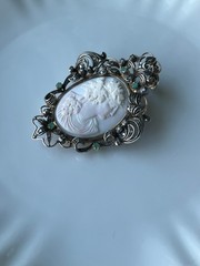 Victorian Portuguese 19k Gold Sterling Silver Emerald Coral Cameo Bacchante Broo