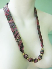 Cottagecore Floral Garden Print Fabric Sash Necklace Knotted Beads Lot of 2 VTG