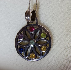 VINTAGE FLOWER OF LIFE .75″ DAIM 925 STERLING SILVER PENDANT GEMSTONES 18″ CHAIN