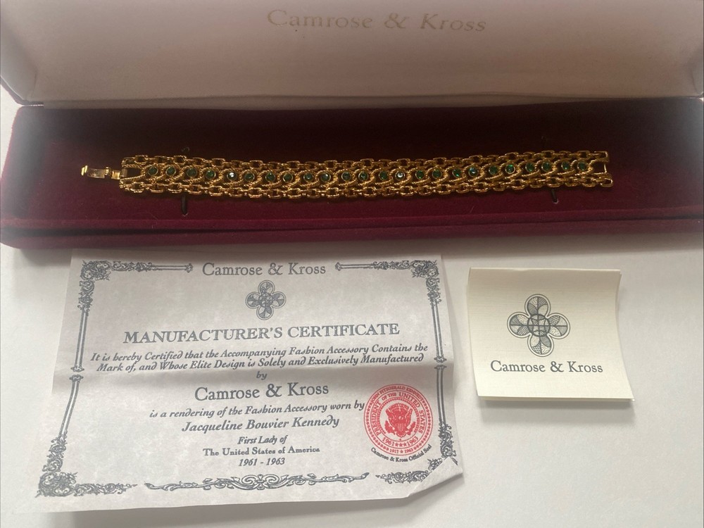 Camrose & Kross Jackie Kennedy Diamanté Emerald And Gold Tone Link Bracelet JBK