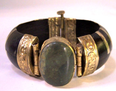 2 vintage India clamper bangle horn bone brass stone gem bracelets