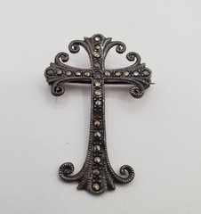 925 Marcasite Cross Brooch Pendant 1.75in Sterling Silver w Patina VTG FLAW