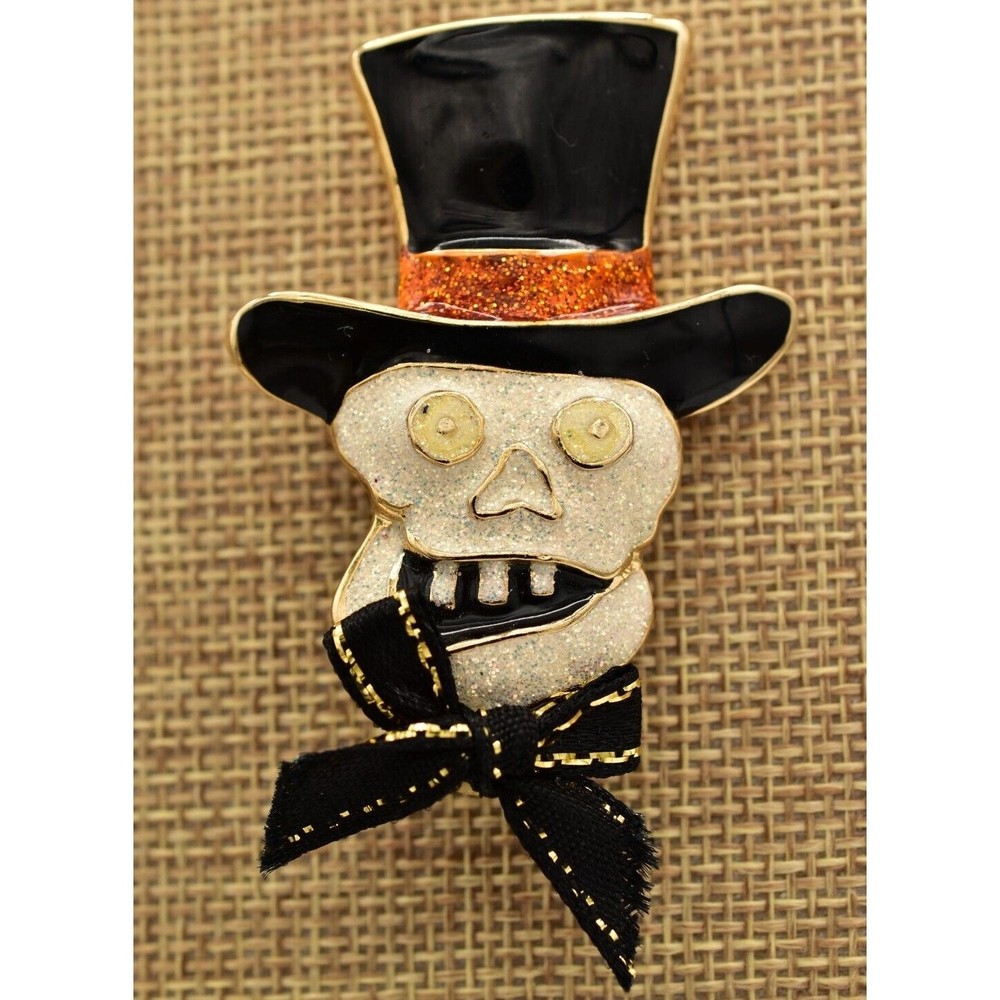 Vintage Halloween Skull Pin Brooch Skeleton Top Hat Glitter Enamel Chunky BinBA