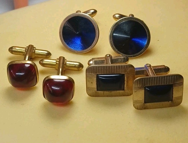 3pc Vtg Swank signed Blue Rivoli Lucite Bullet Back Cufflinks Red & Textured Lot