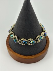 Vintage Iridescent Blue Peacock Oil Slick Rhinestones Gold Tone Bracelet Size 7