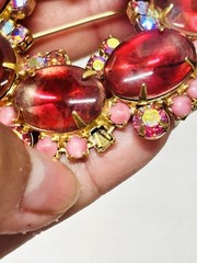 Vtg JULIANA Pink Cabochon Glass Rhinestones Earrings Flower Brooch Pin Set As Is