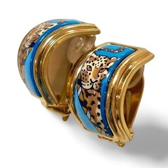 Vintage Hermès Cloisonné Enamel Gold-Tone Earrings with Panther, Leopard,Cheetar