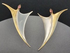 Sterling Silver 925 Abstract Drop Earrings Modern Sculptural Red Accent 6g