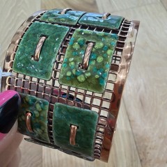 Vintage Matisse Renoir Copper + Green Marbled Enamel Cuff Bracelet 1 3/4”