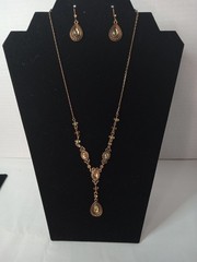 Vintage Style Brass Tone Iridescent Amber Cabochon Drop Necklace & Earrings Set