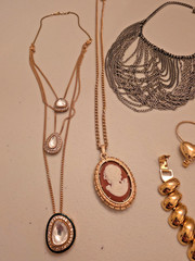 Vintage & Contemporary Jewelry Lot – NAPIER Stamped Bracelet, Cameo Necklace & M