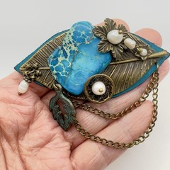 Artisan Brooch Variscite Stone & Freshwater Pearls Brass Leaf Leather Steampunk