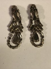 Vintage Clip On Dangle Drop Earrings Clear Rhinestones Silver Tone Art Deco