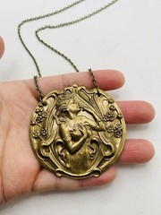 Vintage Style Art Nouveau Fairy Goddess Enchanted Forest Medallion Necklace 18in