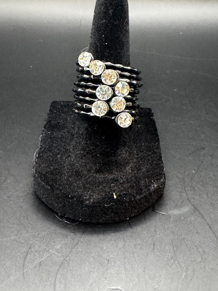 7 Pc Black Gunmetal Stackable Rhinestone Stretch Ring Set Statement Fashion