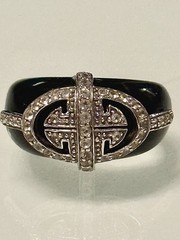VINTAGE SOLID BLACK ONYX BAND W 925 SS ART DECO CZ DESIGN RING SZ 7