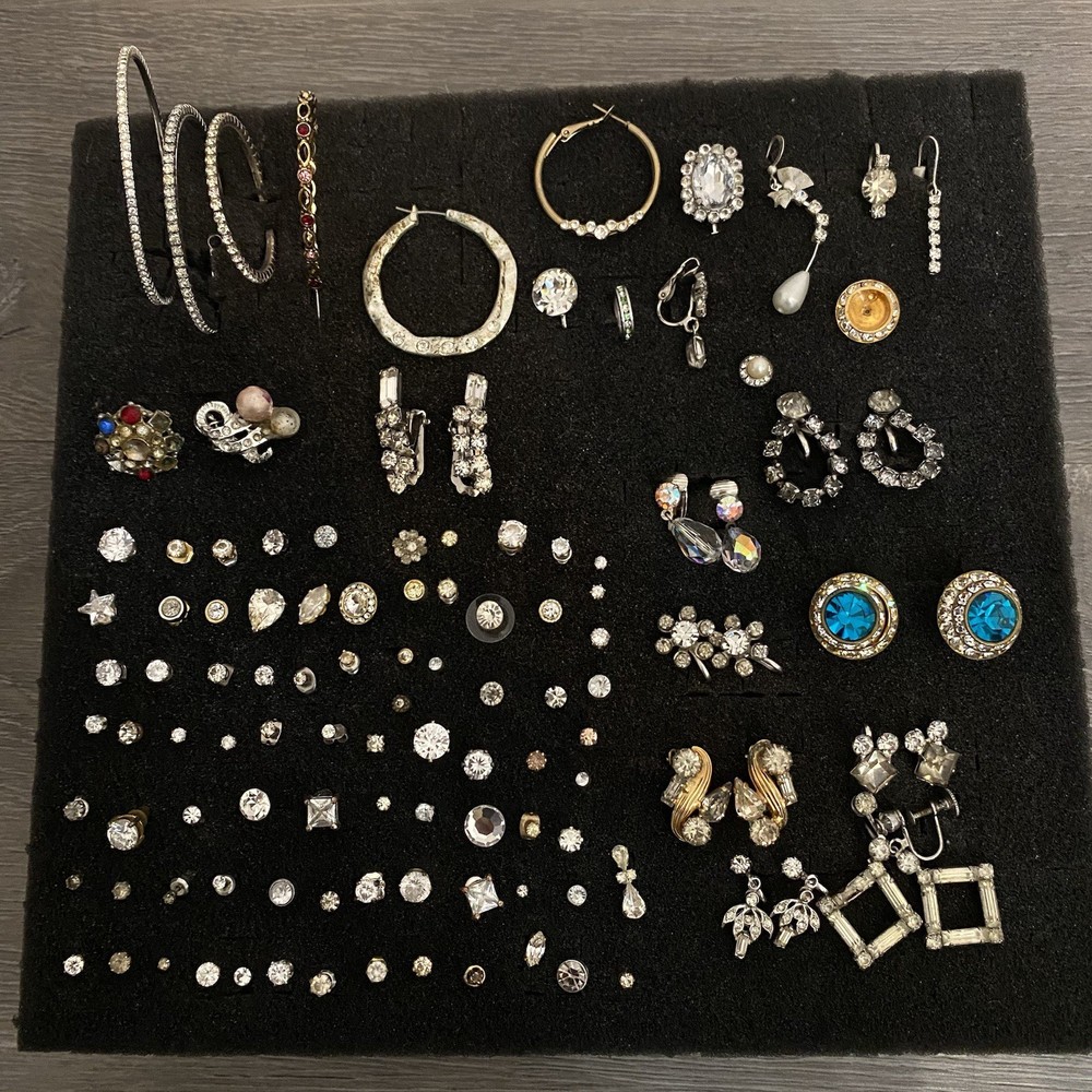 Vintage Unmatched Earrings Lot of 110 All Rhinestones For Crafts Junk Jewelry