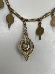 VTG Edwardian Style Bronze Tone Faux Pearls Dangle Pendant 16.5” Necklace