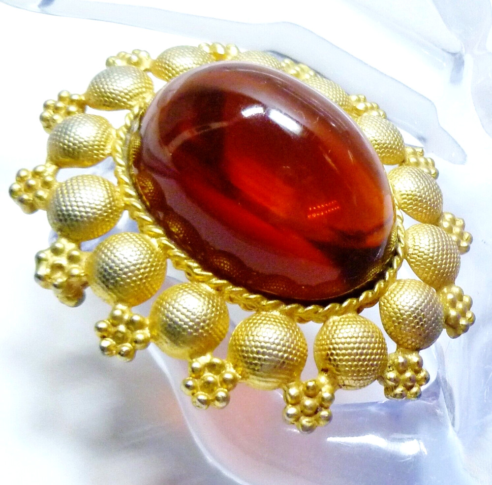Large & Bold 2&1/2″ Tall Vintage Red Lucite Open-Back Gold Tone Brooch Pin