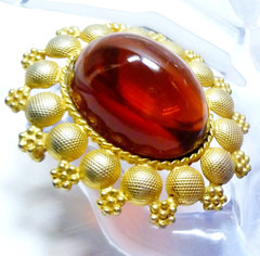 Large & Bold 2&1/2″ Tall Vintage Red Lucite Open-Back Gold Tone Brooch Pin