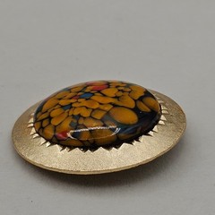 Vintage Round Art Glass Brooch Gold Tone Yellow Multi Color Mosaic MCM Retro Pin