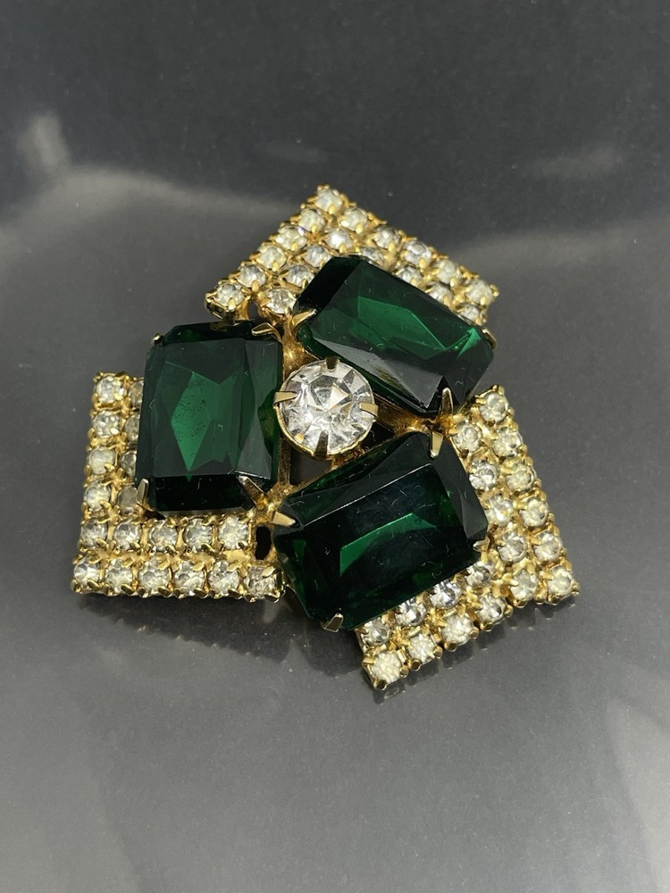 Vintage GoldTone Clear White And Green Rhinestones Glamorous 2” Pin Brooch