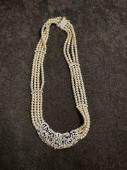 18K White Gold Diamond Filigree Pearl Necklace 15–16” 40g 750 Marked