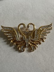 Vintage Nolan Miller Double Swan Brooch Pin Dangle Heart Pave Rhinestones signed