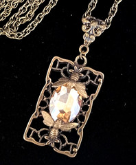 Honeybee Necklace Art Nouveau Brass Filigree Bee Pendant Champagne Rhinestone