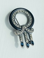 VINTAGE 925 STERLING SILVER ONYX SAPPHIRE MARCASITE ART DECO BROOCH PIN 11-GRAMS