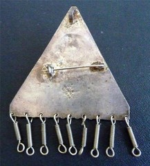 SILVER-935 PENDANT/BROOCH FROM ISRAEL-TRIANGLE SHAPE WITH DANGLES-VINTAGE