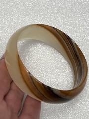 Vintage Thick Agate Bangle 2.5” & Agate Ring 7” Natural Colors Beige Creme Brown
