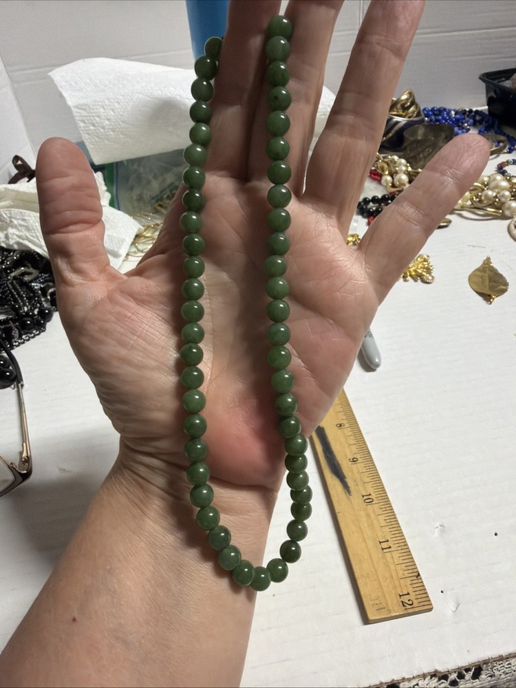 Vintage Green Jade Beads Necklace Silver Clasp 17in Untested J13