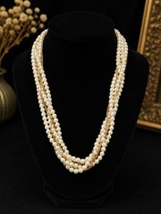 Vintage Multi Strand Faux Pearl Gold Tone Chain Statement Necklace Wedding