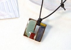 Korean Celadon Patchwork Square Necklace Handmade Ceramic Pendant