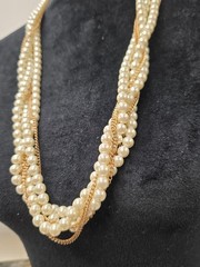 Vintage Multi Strand Faux Pearl Gold Tone Chain Statement Necklace Wedding