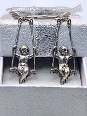Vintage Estate Cherub Earrings Silvertone Angels On Swing Lever Back Renaissance
