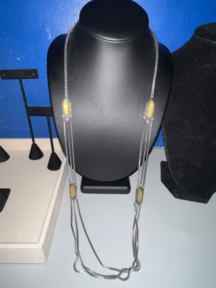 Vtg LUCKY BRAND Silver-tone Multi-strand w/ Yellow Cabonchons Station Necklace