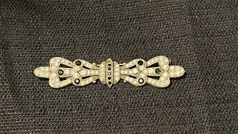 Antique Victorian Bar Brooch W/Black And Clear Rhinestones ~ Trombone Clasp