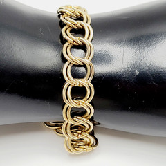 Fancy Double Circular Link Fancy Curb Shiny Gold Tone Vintage Chain Bracelet
