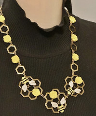 Gold Tone Enamel Bumble Bee & Honey Comb Yellow Flower Necklace, Signed Talbots