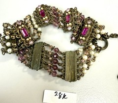 Vintage Pink Rhinestone Faux Pearl Bib Necklace Multi Chain Festoon Brass Tone