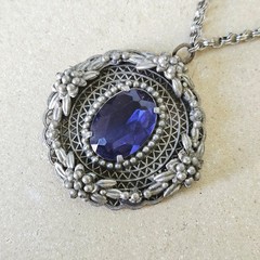 Vtg Antique Silver Tone Filigree Blue Glass Stone Pendant Necklace Victorian