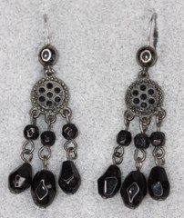 Silver Tone Black Dangle Drop Glass Bead Chandelier Pierced Earrings