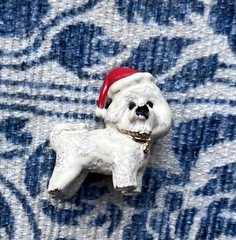 Vintage Signed Erwin Pearl Bichon White Santa Hat Dog Enamel 1.25” Brooch Pin