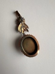Antique Yellow Gold + Silver Coral Seed Pearls Hand Painted Portrait Pendant